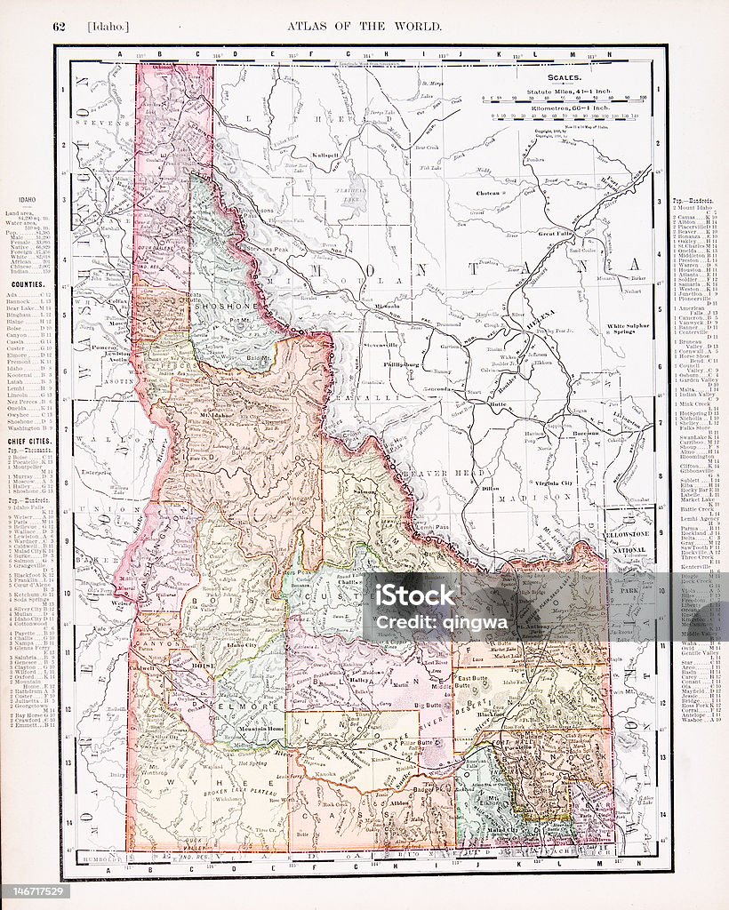 Vintage map of the state of Idaho, United States, ID - See lightbox for more